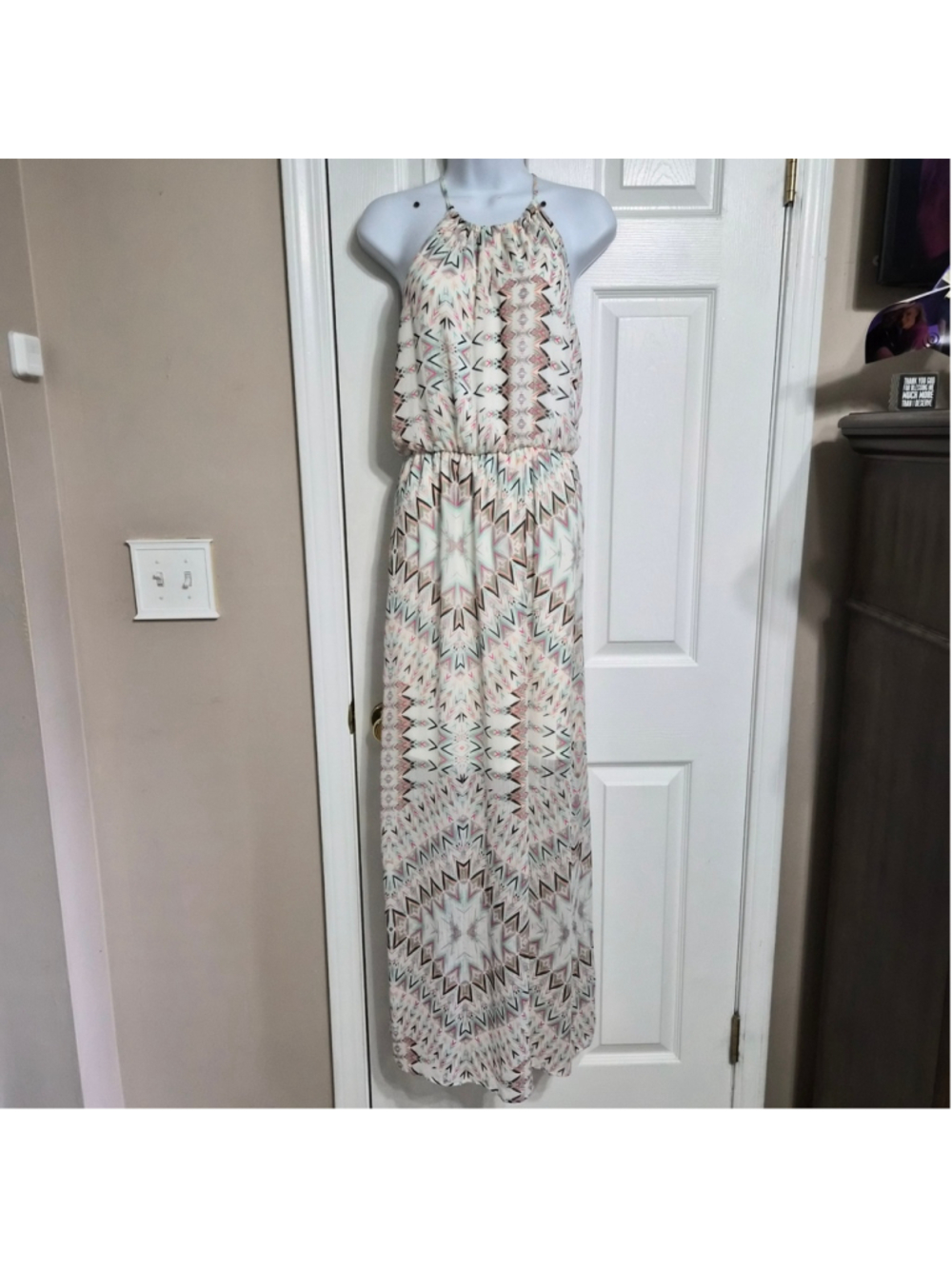 Maurices Geometric Print Halter Maxi Dress Beige Multi Pastel Size S